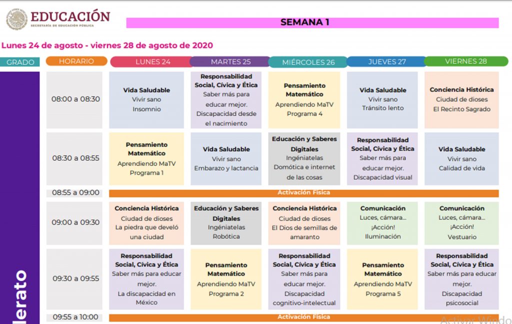 Materias y horarios de Bachillerato del 24 al 28 de agosto