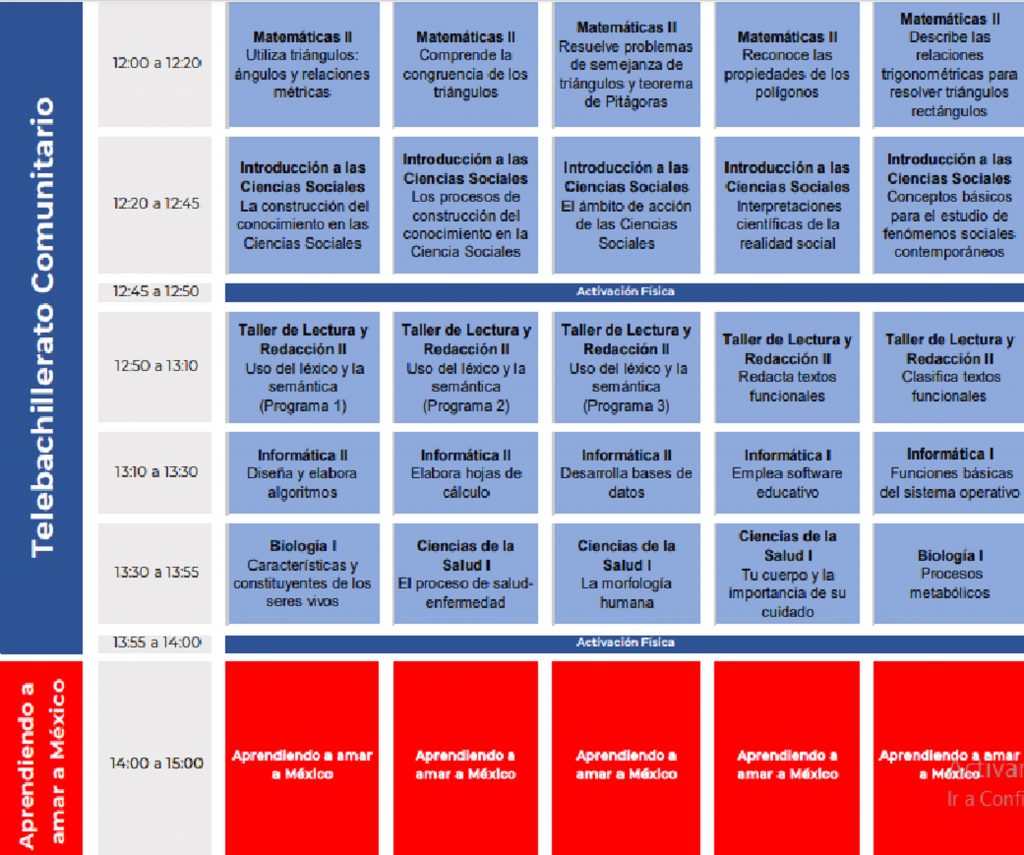 Materias y horarios de Bachillerato del 24 al 28 de agosto