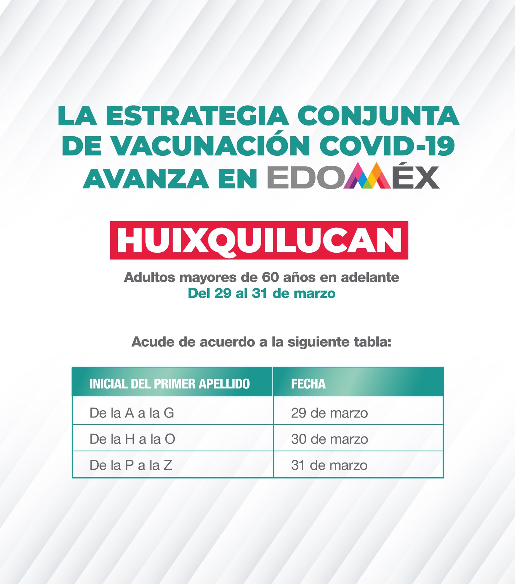 Del 29 al 31 de marzo se llevará a cabo la vacunación contra COVID-19 para las personas adultas mayores de Huixquilucan