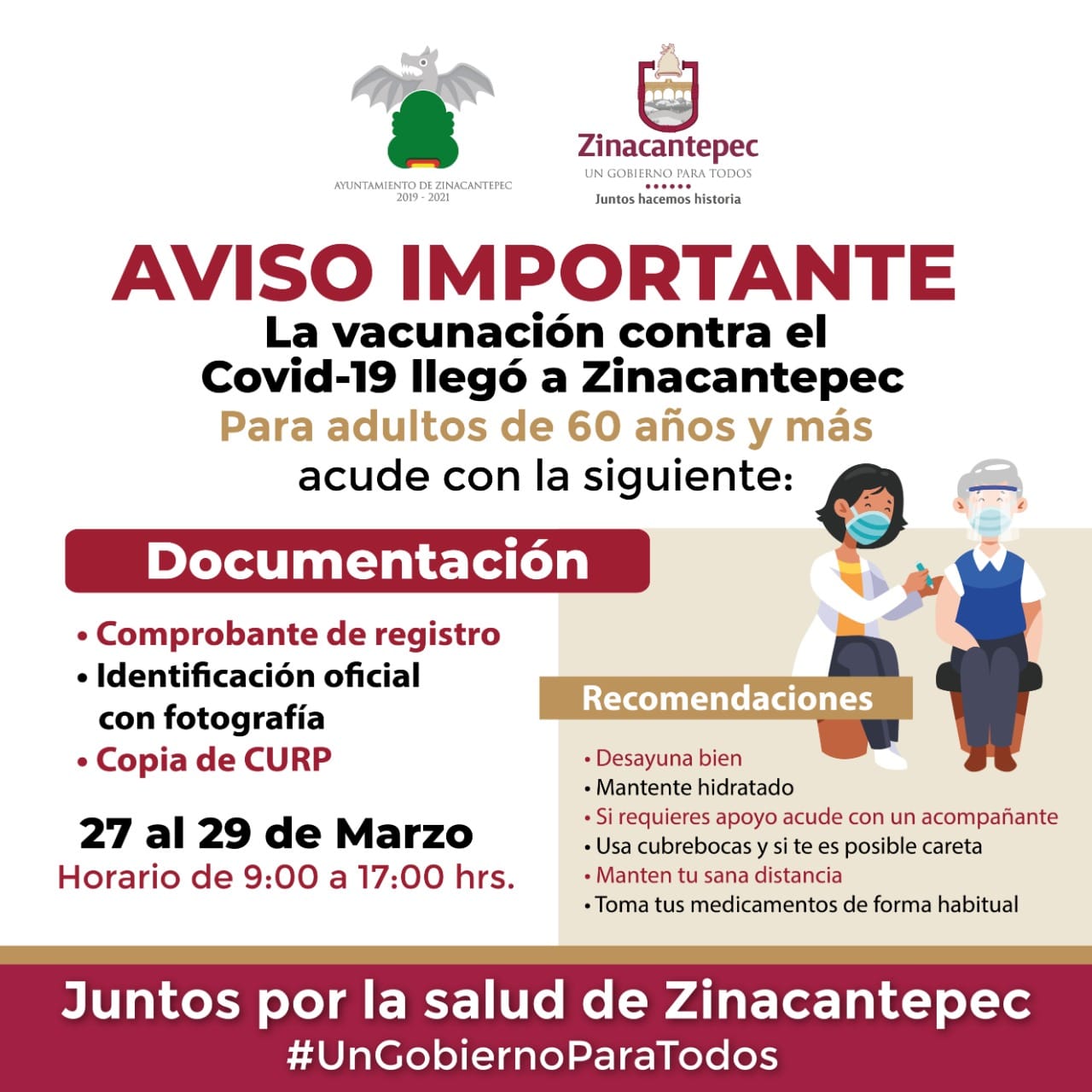 La vacunación contra COVID-19 en Zinacantepec se llevará a cabo del 27 al 29 de marzo.